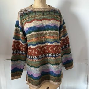 Vintage 80s 90s fair isle landscape design Shetland wool sweater trees 🌳